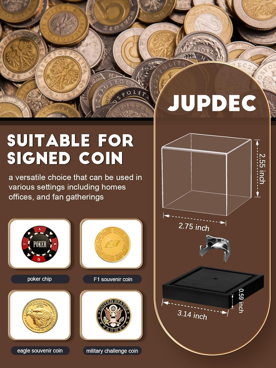 JupDec Coin Display Case, Clear Acrylic Showcase with Wood Base & Alloy Holder for Single Challenge Coin, UV Protection Souvenirs and Collectibles Box, Ideal Gift for Coin Fans, Black