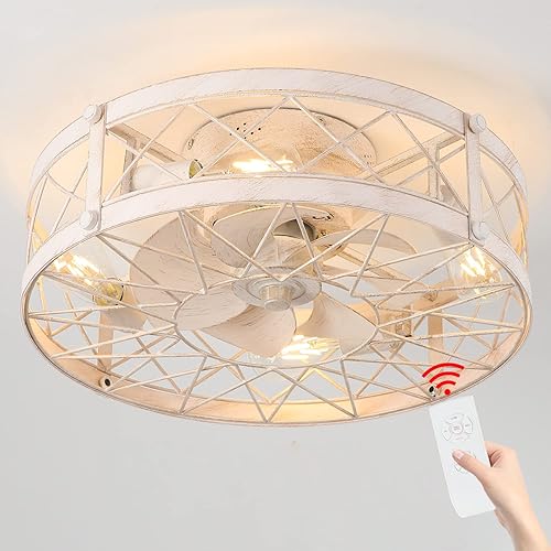 COCOSTAR Ventilador de techo enjaulado con luz empotrada, ventilador de techo enjaulado blanco con luz de 20 pulgadas, ventilador de techo cerrado