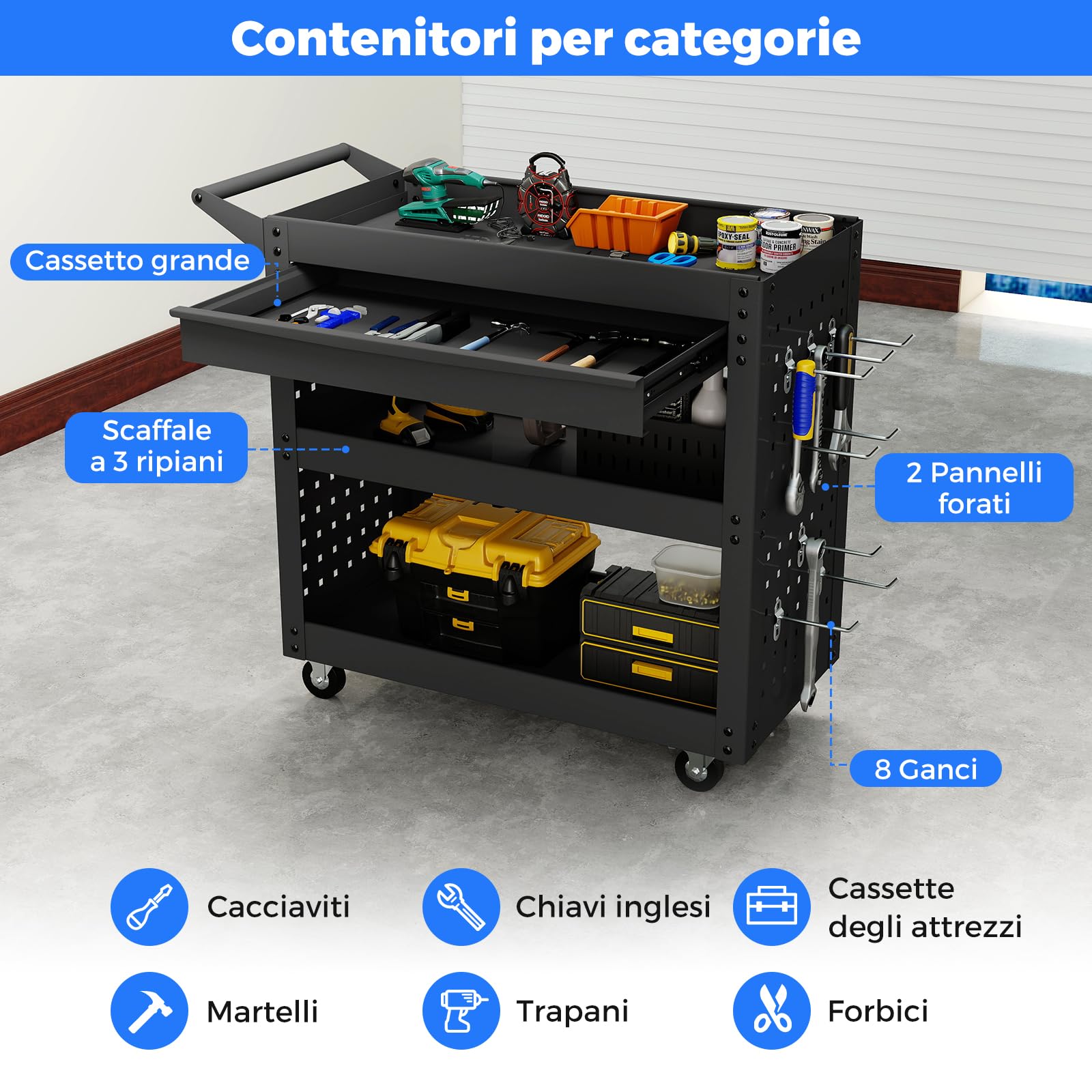COSTWAY Carrello Portautensili a 3 Ripiani con Ruote, Carrello Attrezzi in Metallo con Cassetto Grande, 2 Pannelli Forati e 8 Ganci, Carrello di Servizio per Garage e Officina, Portata 250 kg