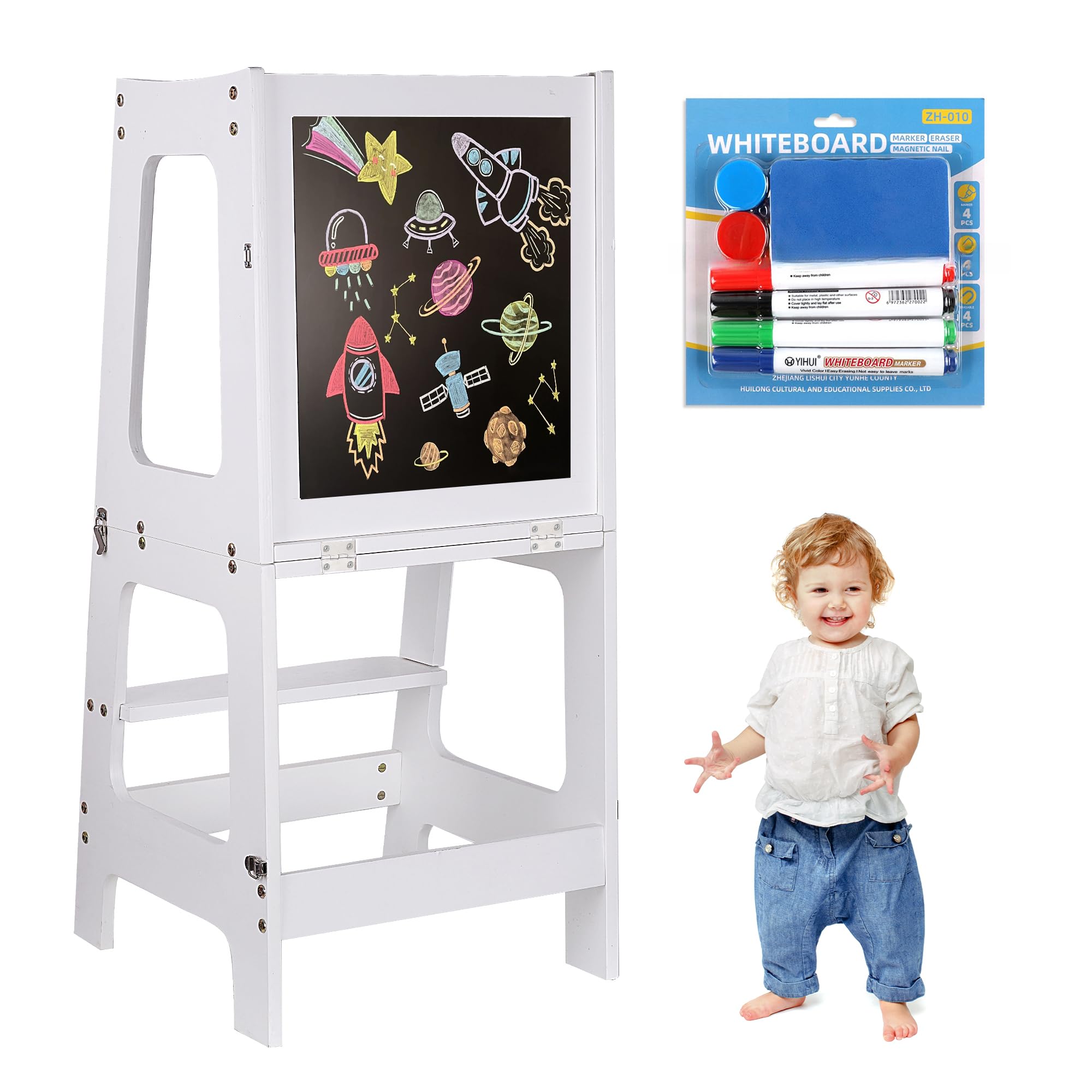 Lernturm ab 1 Jahr, Klappbarer Learning Tower mit Tafel & Stifte-Set | 3 in 1 Learning Tower für Kinder, 50kg Belastbar Trittschemel, Multifunktion Montessori Entdeckerturm für Küche & Bad