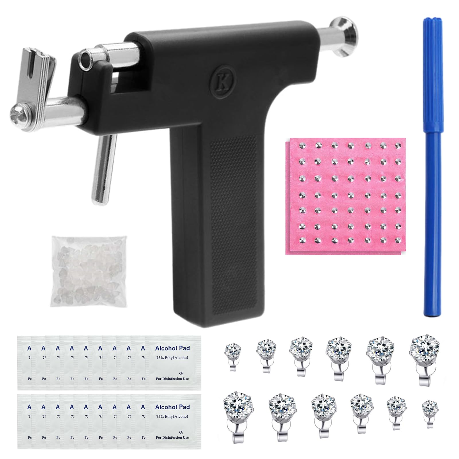 Pistola de Pendientes de Acero Inoxidable con 98 Perforadoras, 12 Pendientes, 20 Algodón Alcohol, Piercing para Labios Ombligo Nariz Cuerpo