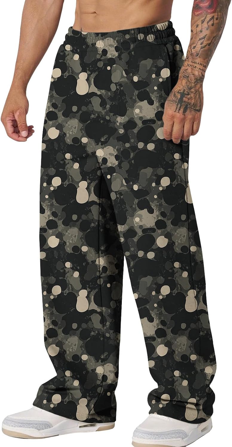 Graphic Print Pants for Men Elastic Waisted Wide Leg Baggy Sweatpants Joggers Loose Fit Streetwear Pants with Pockets