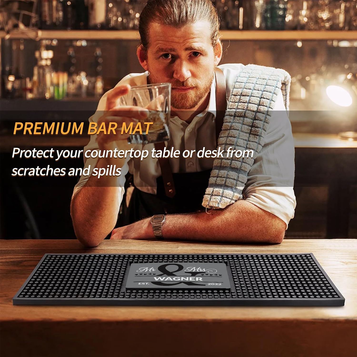 Personalised Bar Mat, Non-slip PVC Rubber Bar Mat, Colorful Printed Custom Bar Name, Kitchen Spill Mat, Whisky Coasters for Drinks, Gifts for Bartender Drinking Lover Cocktail Lover Lover(Style 1)