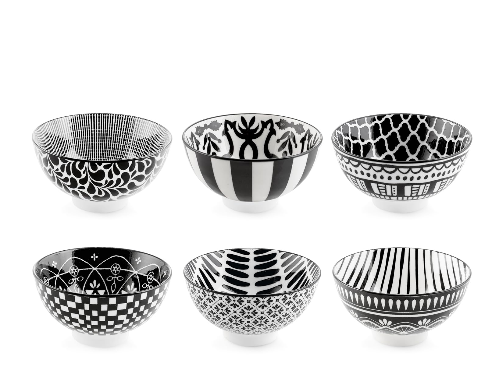 H&H, Set 6 ciotoline Mirage in Porcellana Decorata Bianco e Nero – Ø 12,5 cm – Lavabili in Lavastoviglie e Utilizzabili in Microonde e Forno Tradizionale