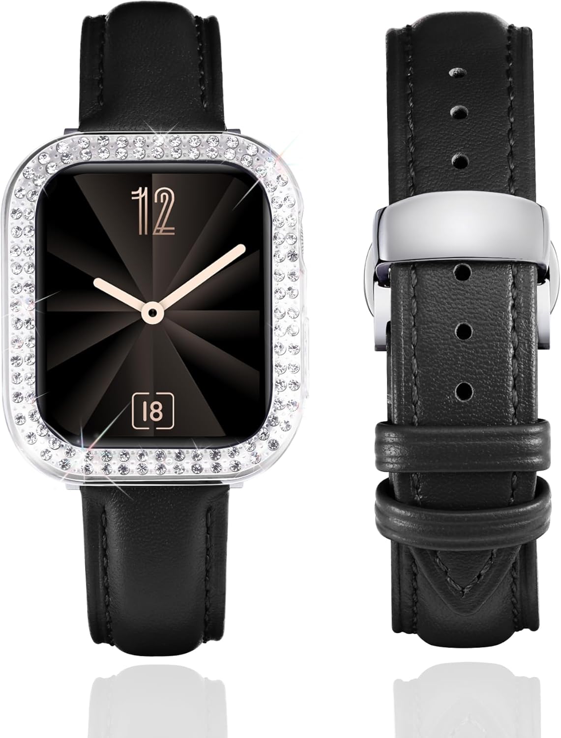 BINLUN Leather Band Compatible with Apple Watch 46mm 45mm 44mm 42mm 41mm 40mm Women Leather Strap with Glitter Diamond Case Compatible with iWatch Series 11/10/9/8/7/SE3/SE2/SE/6/5/4