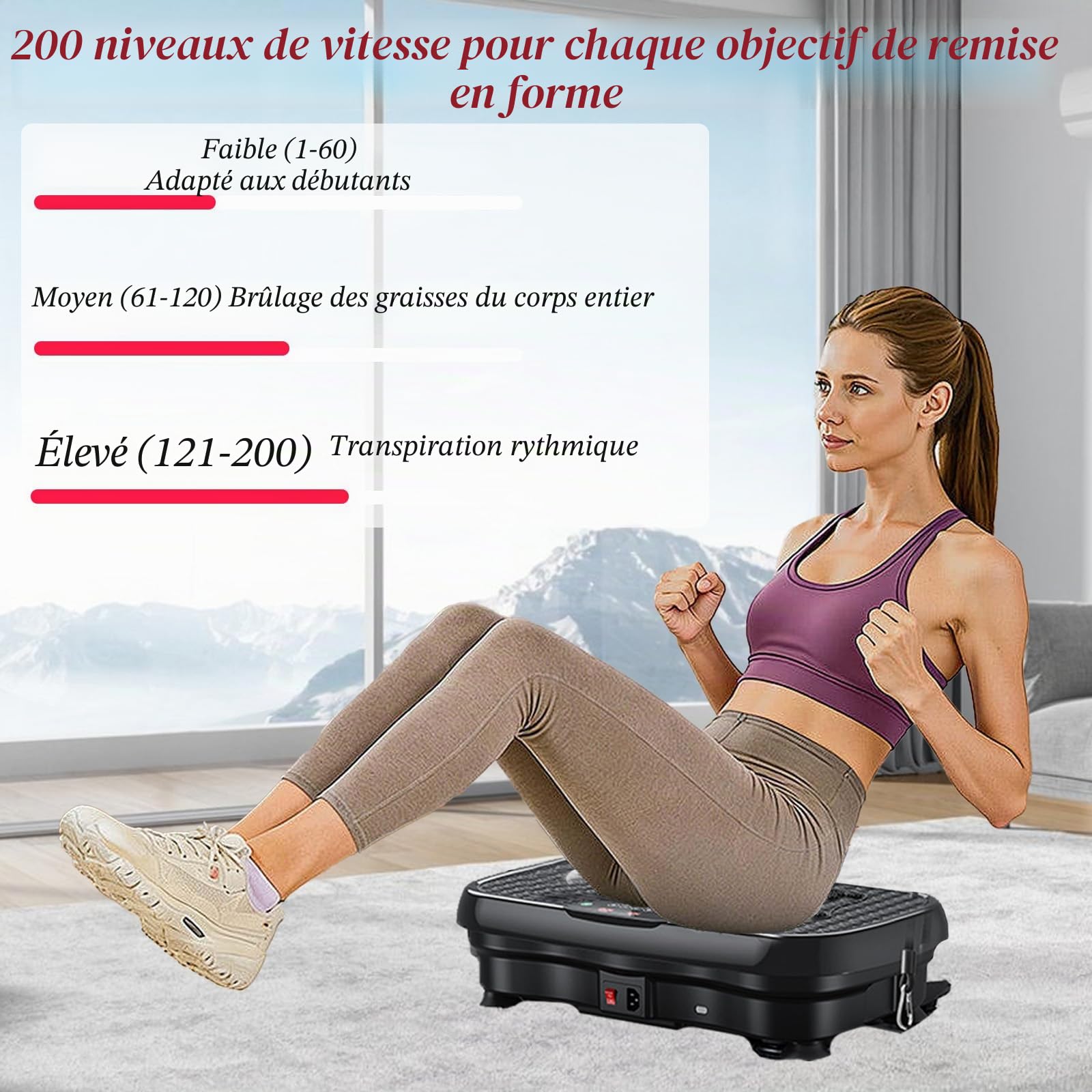 Plateforme vibrante pour la Maison, avec 120 Niveaux d'intensité et 5 Modes, livrée avec 2 Bandes de résistance et Une télécommande, pour la Perte de Poids et Le renforcement Musculaire