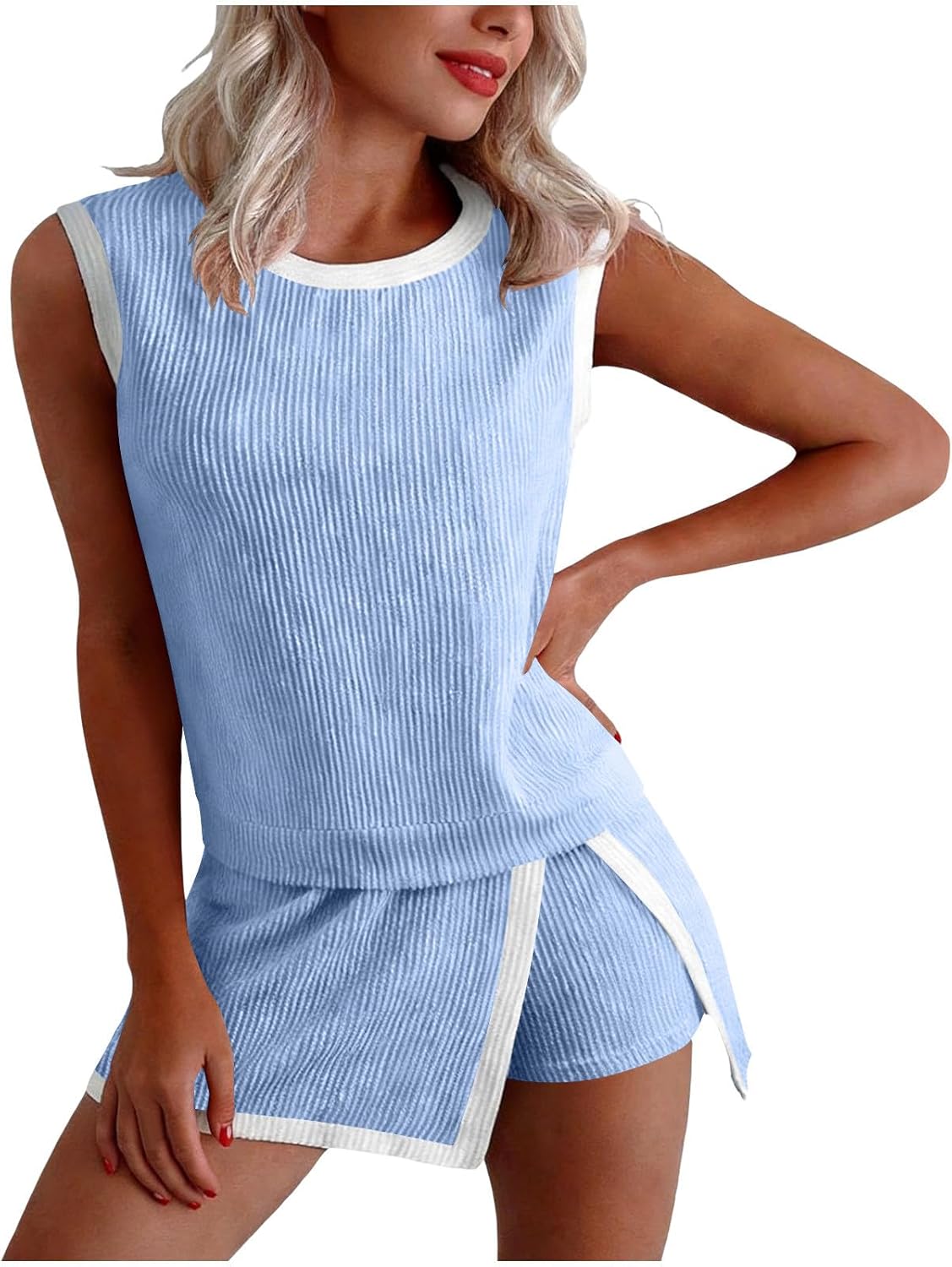 HGps8w Two Piece Outfits for Women Sleeveless Skorts Sweatsuits, Slit Skirted Shorts Summer Athletic Travel Lounge Sets