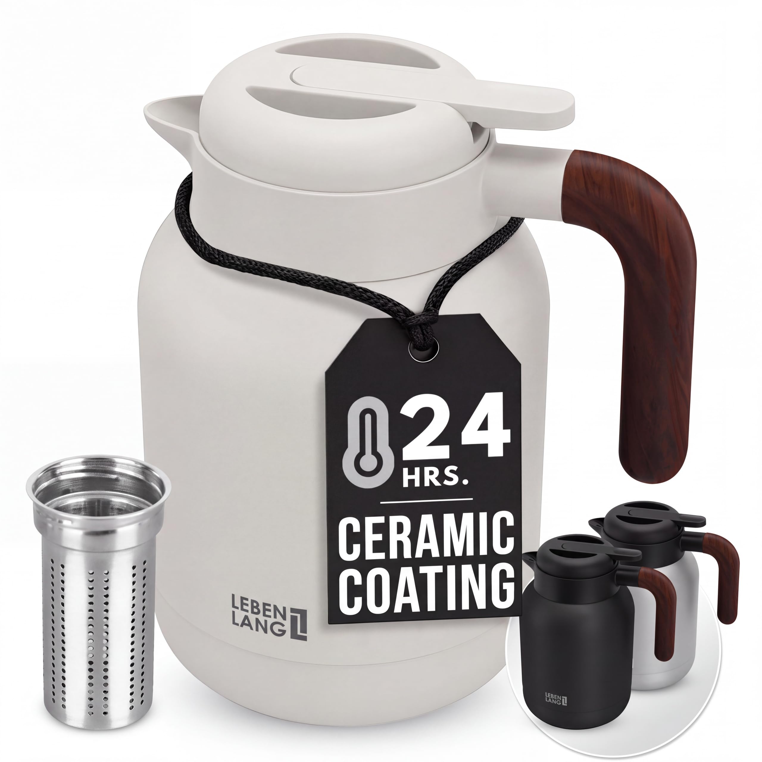 LEBENLANG 1.5L Thermal Coffee Carafe & Teapot with Infuser - Ceramic Coat