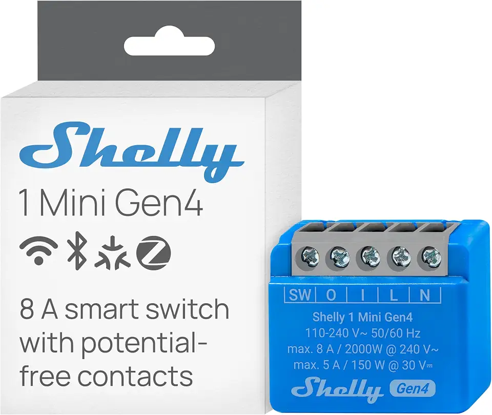 Shelly 1 Mini Gen4, WiFi Smart Relay Switch, 1 Channel, 8A, Potential-Free Contact, Home Automation, Remote Control, No Hub Required, Alexa, Google Home, Apple HomeKit, Zigbee & Matter