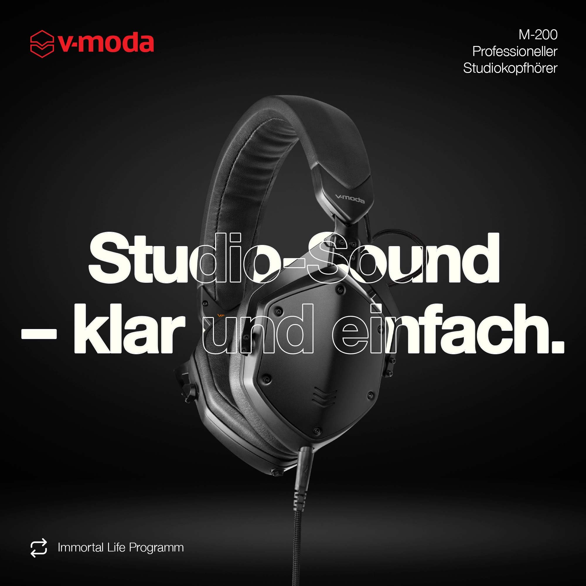 V-Moda M-200 professioneller Studiokopfhörer | Leichtmetallgehäuse | Anpassbares Kopfband zum Abhören mit einem Ohr | Hi-Res Audio-Zertifiziert | Exoskelett-Case | Mattschwarz