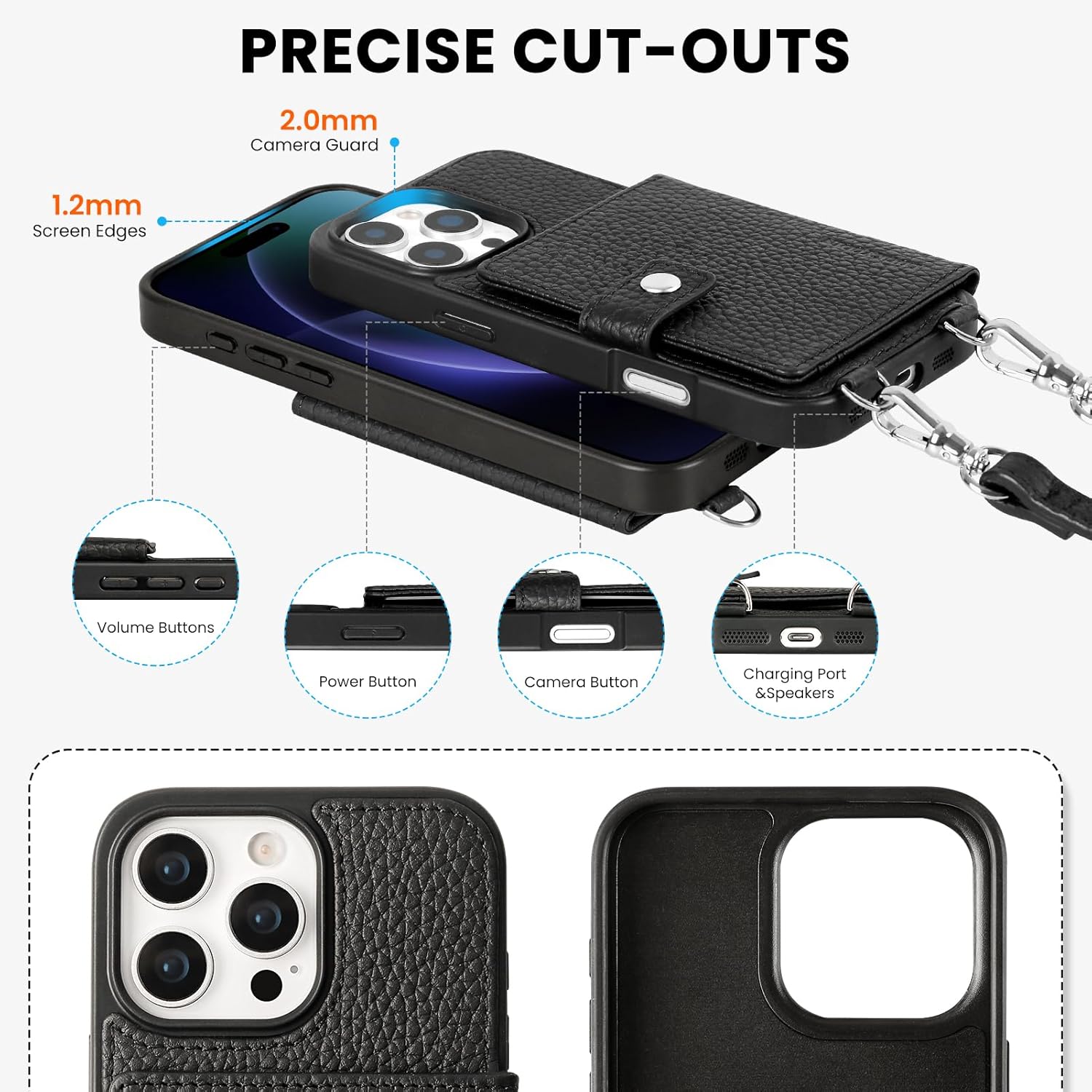 LUCKYCOIN for iPhone 16 Pro Crossbody Wallet Phone Case,Compatible with MagSafe,Genuine Leather Magnetic Phone Case with Card Holder and Adjustable Strap,with RFID Blocking Black - Image 3