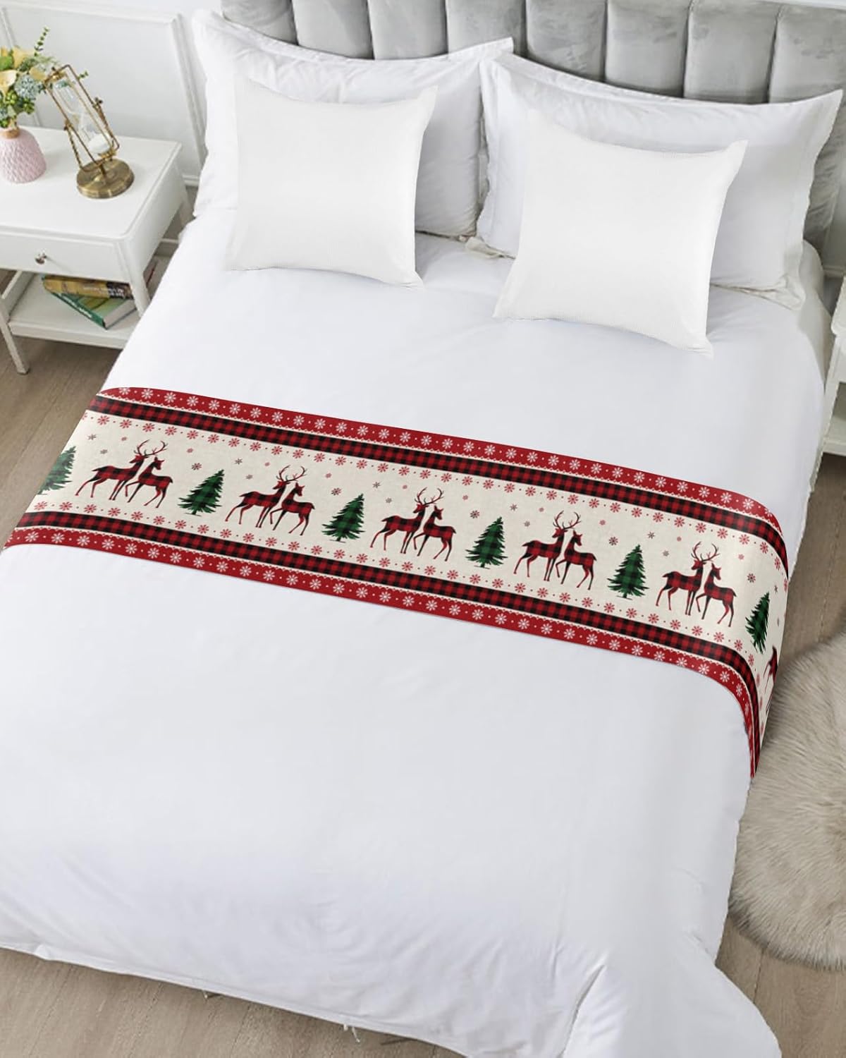 Bed Runner Scarf, Merry Christmas Elk and Xmas Tree Red and Black Buffalo Plaid King Bed Bedding Scarves Cover Decorative Bed Scarf for Home Hotel Guesthouse Bedroom Wedding Room Guestrooms 94"x20"