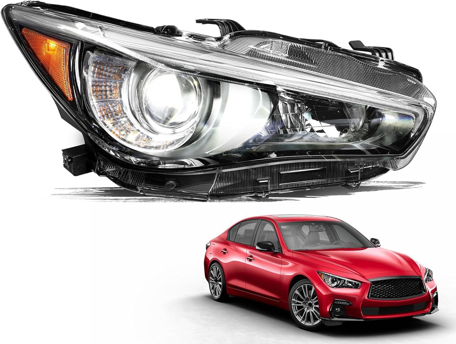 JSBOYAT Right Passenger Headlight Assembly for 2014–2022 Infiniti Q50 (w/o AFS)