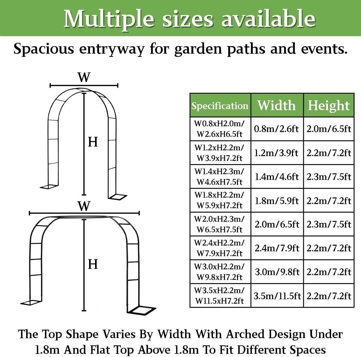 Garden Arbor Trellis for Climbing Plants Outdoor, Metal Garden Arch with Base for Stability, Heavy Duty Wedding Arch, Outdoor Trellis Arches for Flower Roses, Balloon Decoration(Green,W7.9xH7.2ft)