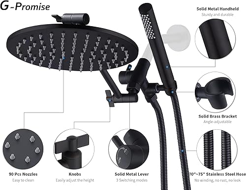 Miniatura 2 de G-Promise Combo de cabezal de ducha doble de metal, cabezal de ducha de lluvia de 8 pulgadas, varita de ducha de mano, desviador suave de 3 vías,