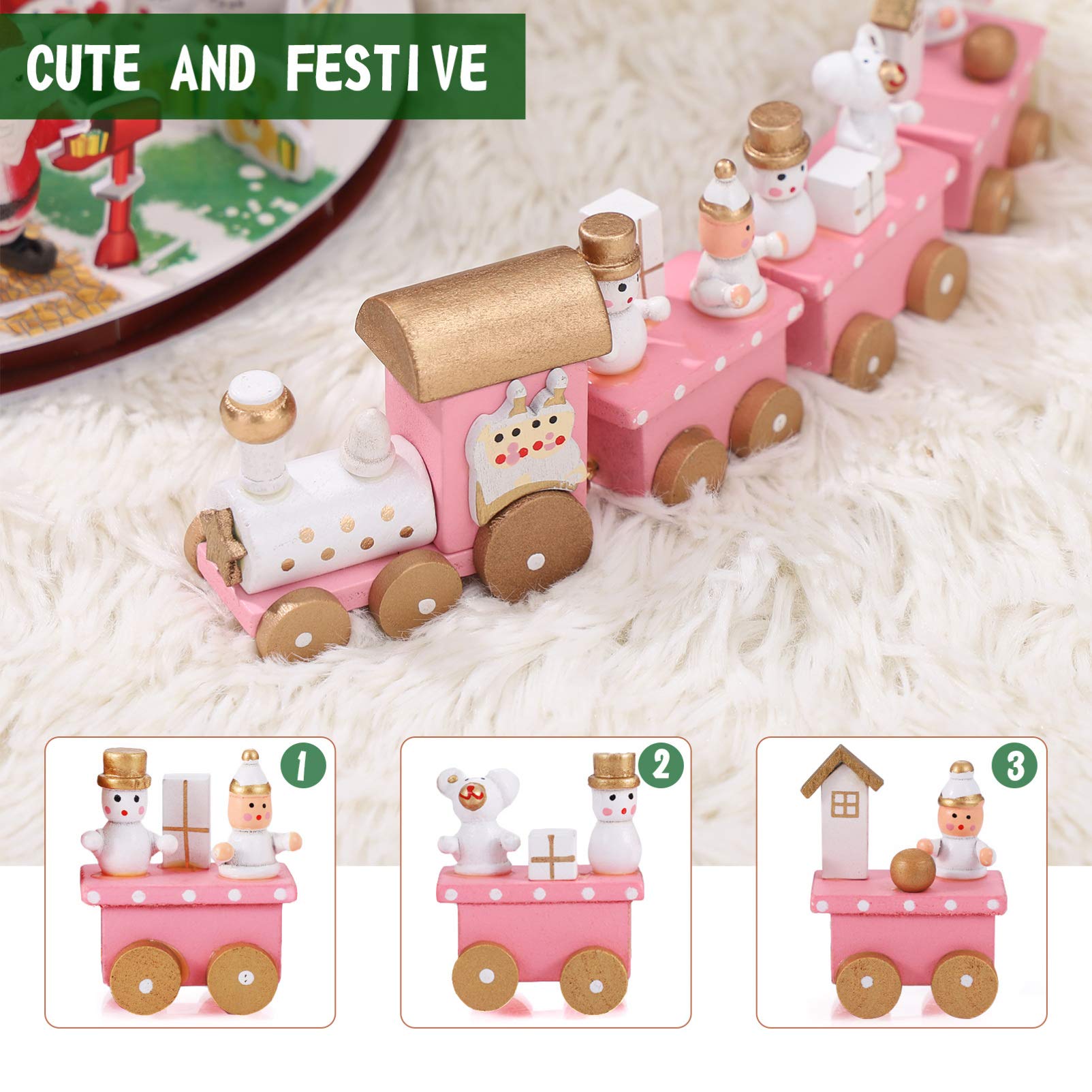 Decoración del hogar, adorno de Santaur, tren de madera de Navidad, mini juguete de tren de 4 secciones con muñeco de nieve y riel de tren, juego de juguetes para niños, decoración de fiesta 7