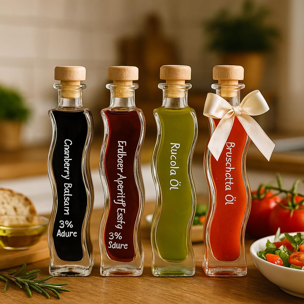 Feinkost Essig & Öl Set – 4er [4x100ml] Geschenkset mit Cranberry Balsam, Erdbeer Aperitif, Rucola Öl & Bruschetta Öl – Edle Gourmet Flaschen für Salate, Antipasti & Küche – Geschenkidee für Genießer