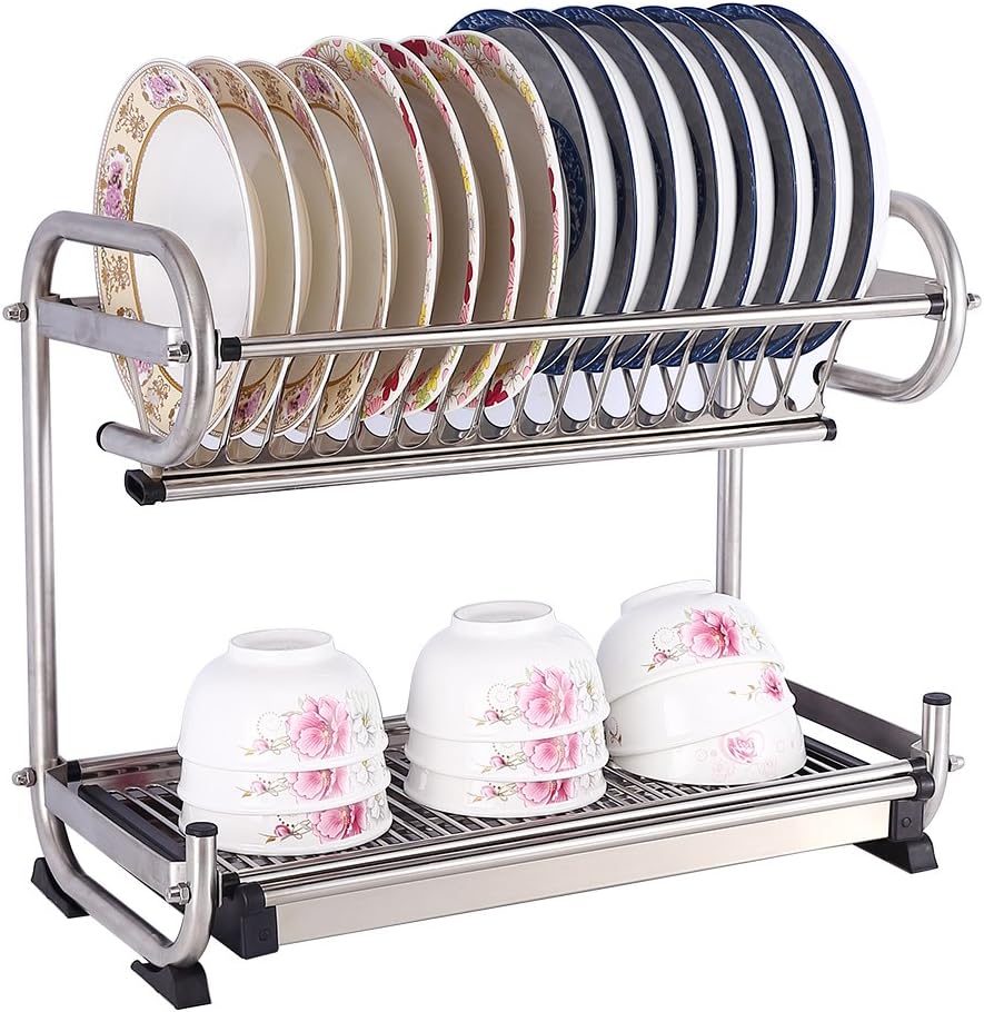 TIANG- Dish Drying Rack Made Of Premium 304 Stainless Steel Dish Drainer, Kitchen Utensil Holder (2-Tier)