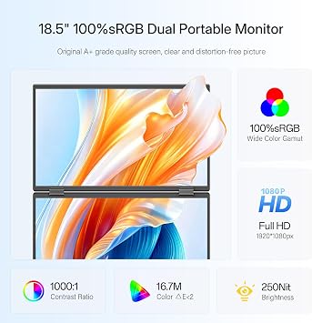 InnoView 18.5 100Hz Dual Portable Monitor Built-in Speakers 115% sRGB 315Adjustable Dual Stacked Folding Monitor (Wins/Mac) 1080P Laptop Screen Extender for Laptop(No Driver Needed)