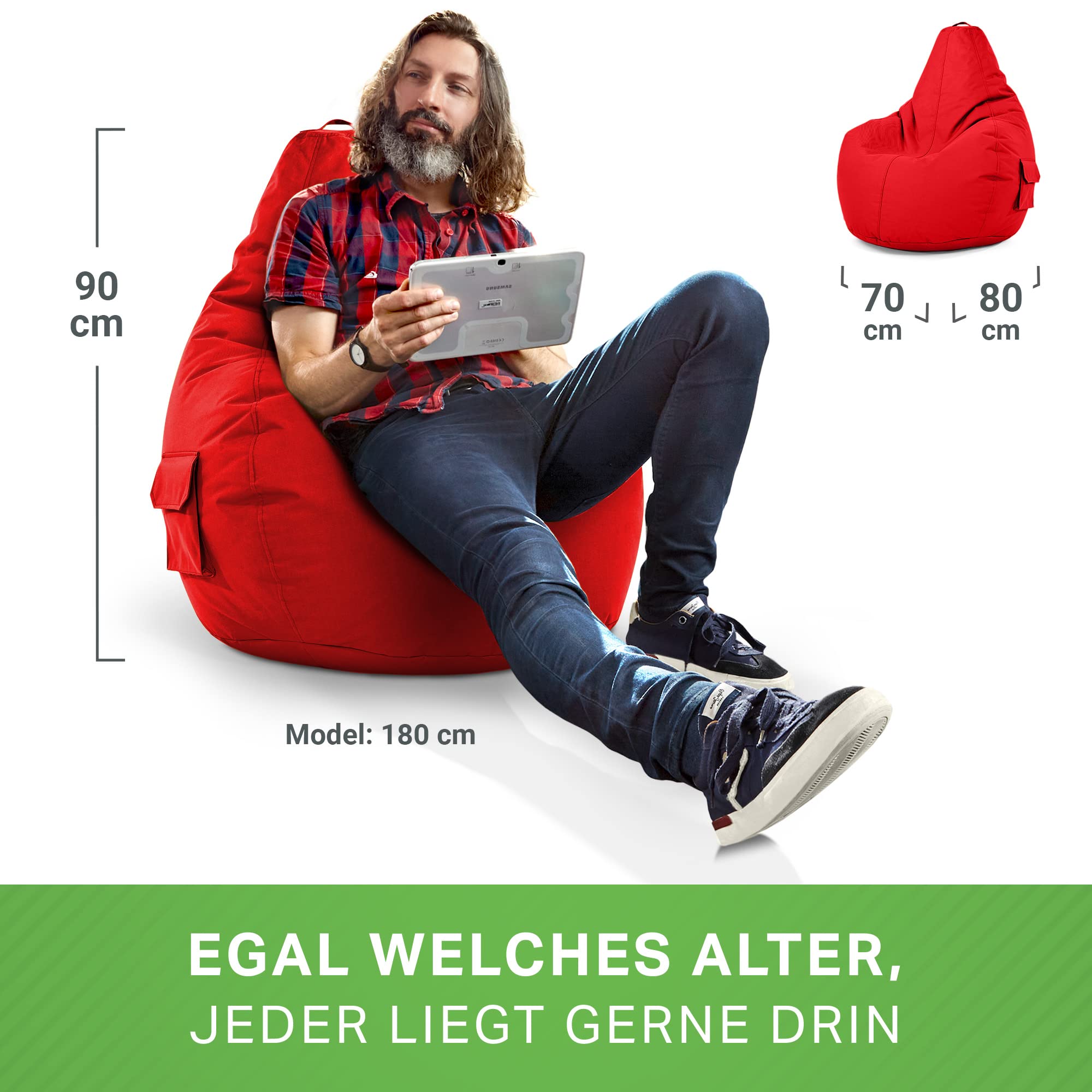 Pouf Gaming Green Bean Avec Dossier 80x70x90cm - Remplissage 230L Perles EPS, Housse Lavable