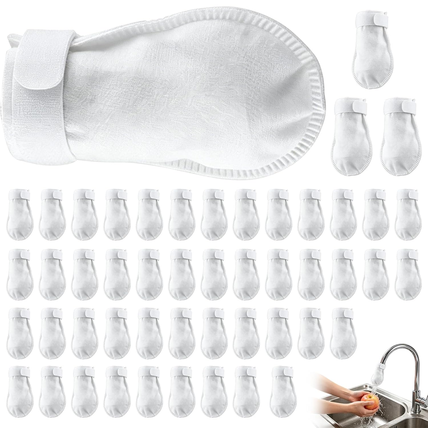 High Density Faucet Filter,Faucet Filter Cotton Bag,Cotton Filter Bag for Faucet,Splash Proof Cottons Pouch Kit,for Most Faucets,Improves Water Quality for Cooking and Cleaning(50PCS+10 Straps)