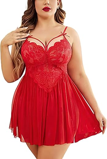 Beautiful Creations Womens Plus Size Lace Floral Knee Length Babydoll Nightwear Set with G-String Panty
