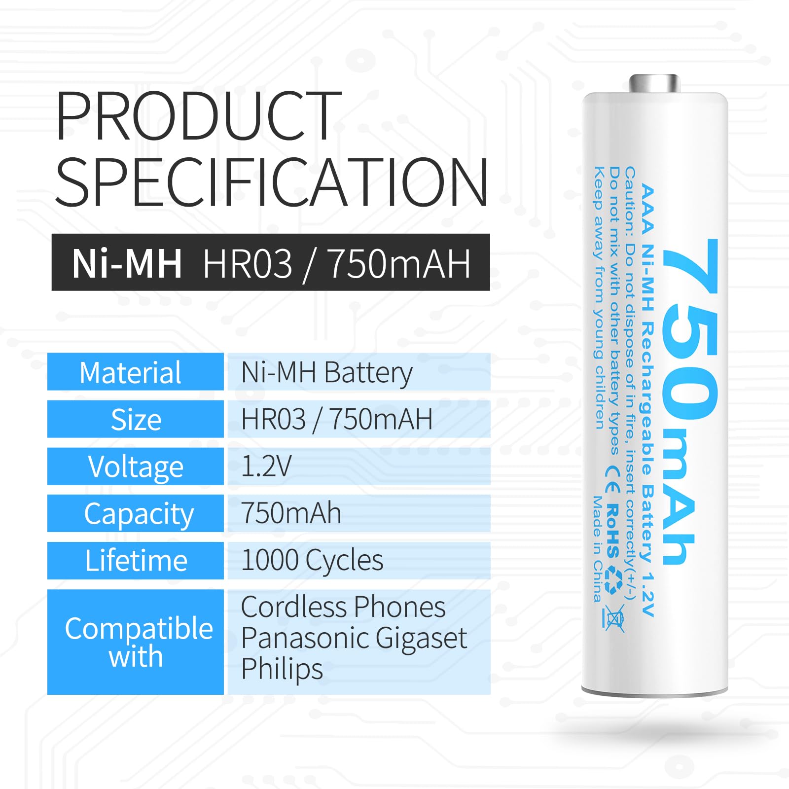 Wymienna bateria AAA HR03 kompatybilna z telefonami bezprzewodowymi Gigaset 750 Mah (4)