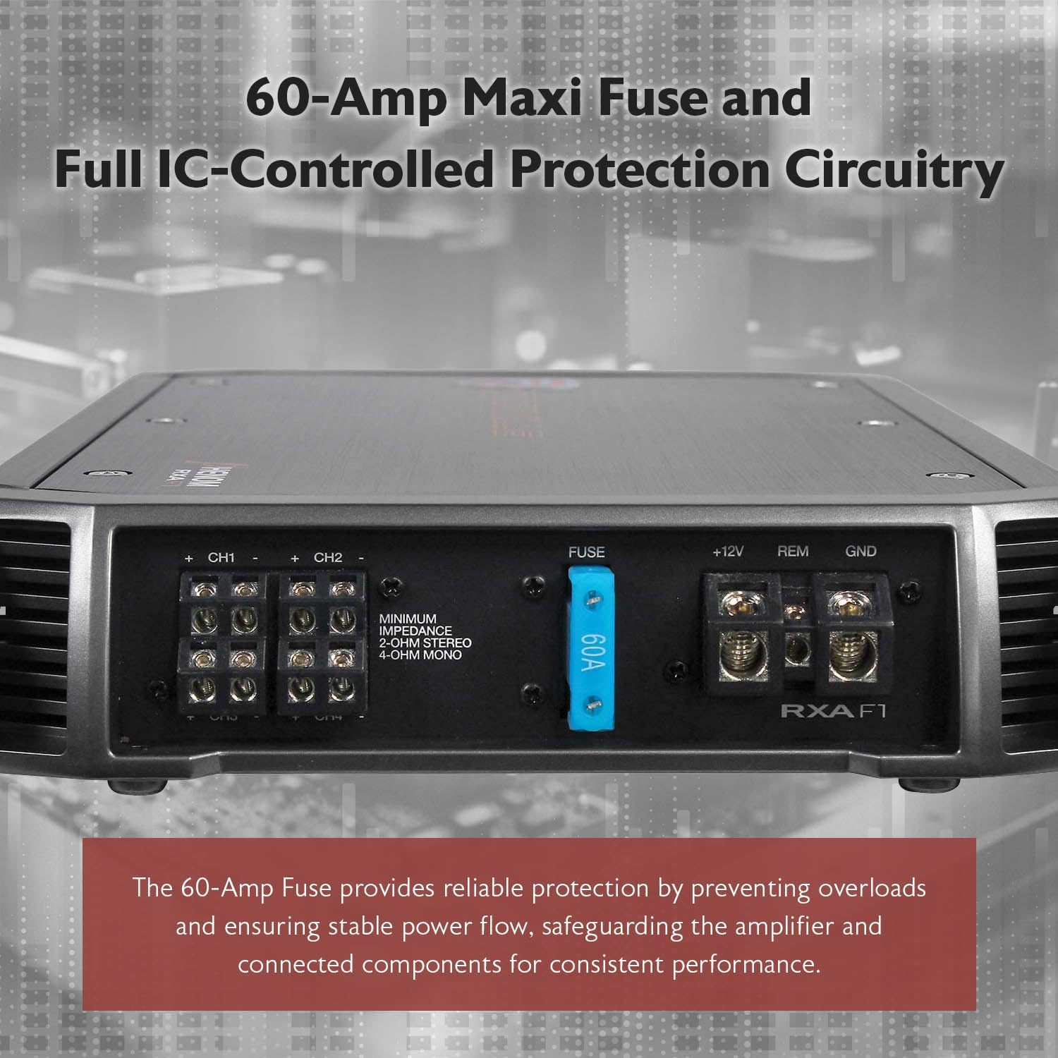 Rockville RXA-F1 1600W 4-Channel Car Amplifier, Dyno-Certified RMS, MOSFET Power Supply, ELNA Capacitors, Class A/B, Perfect for Car Audio and Subs