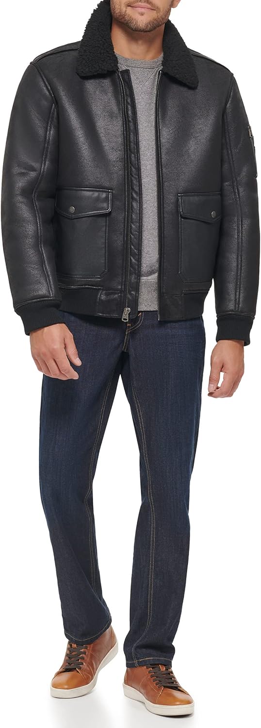Levi's mens Faux Leather Aviator Bomber Jacket With Sherpa Lined Collar - Image 2