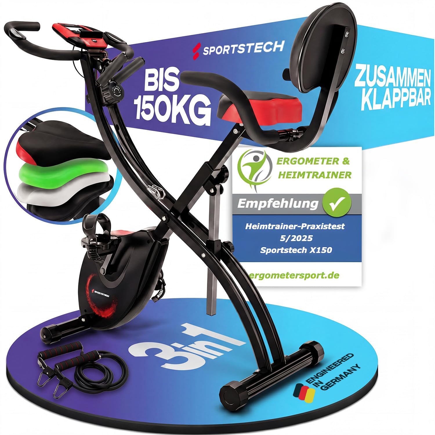 Sportstech Heimtrainer fahrrad Klappbar 3in1, [CurvedX] tiefer Einstieg, bis 150 KG, Ergometer, Hometrainer fahrrad, Ergometer Heimtrainer Senioren, Fitnessbikes, fitnessgeräte für zuhause, X150