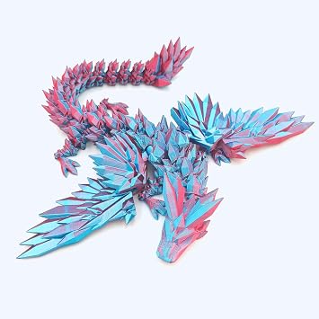 3D Printed Dragon - 18 inch Flying Flexible Dragon with Wings, Home Decor, Birthday Gift, Desk Pet Light Blue-red