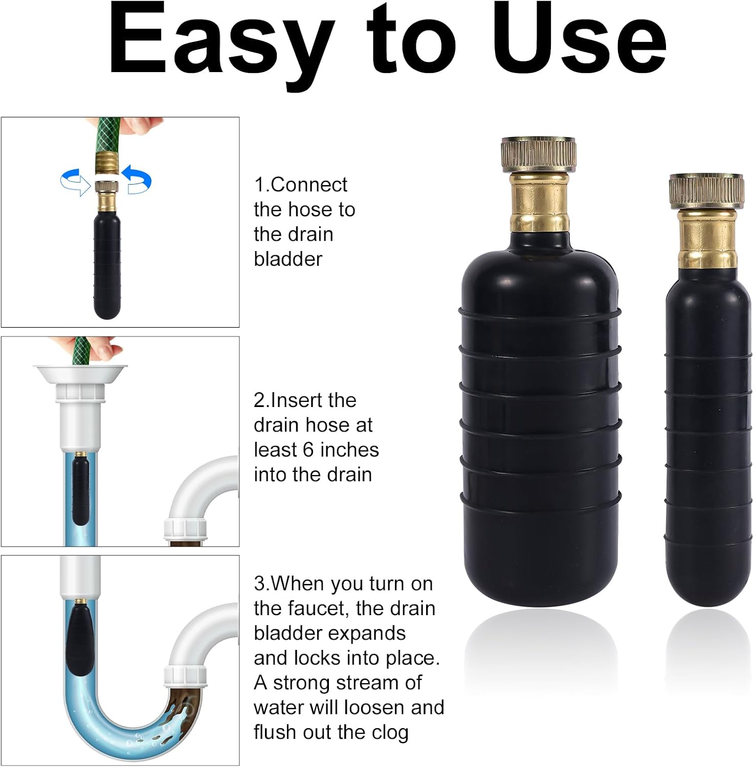 2pcs Drain Bladder Kit, Rubber Drain Unclogger Pipe Bladder Clog Remover Cleaning Tool for 1.5"-6" Main Sewer Drains, Kitchen Bathroom Showers Sinks, Swimming Pool Drains Unclogs