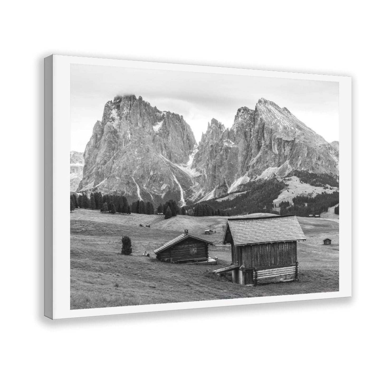 HEYANM Black And White Dolomites Print Alpe Di Siusi Mountain Huts Canvas Poster Wall Art Paintings for Living Room Bedroom Decoration Frame 16x24inch
