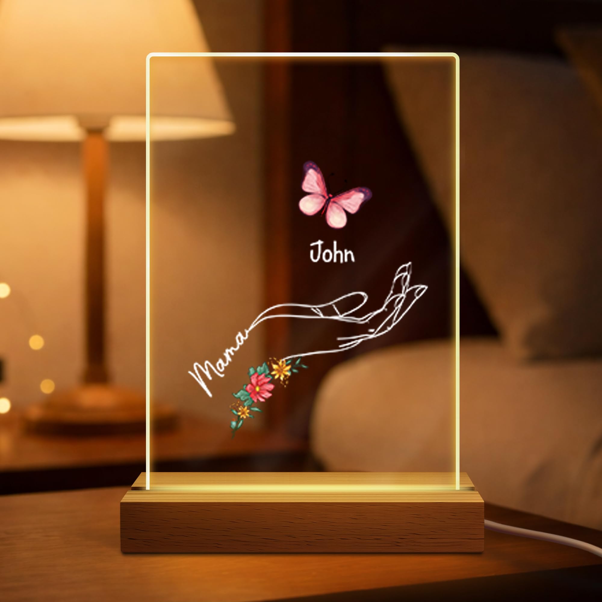 Personal Chic Custom Name Night Light -Acrylic Lamp with Butterfly, Personalised Mothers Day Gifts, Unique Personalised Gifts for Mum and Grandma (1 Kid)