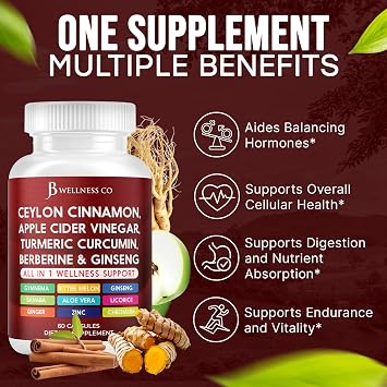 Ceylon Cinnamon, Turmeric, ACV, Ginseng, Aloe Vera, Berberine Plus Banaba, Ginger Root - 60 Capsules
