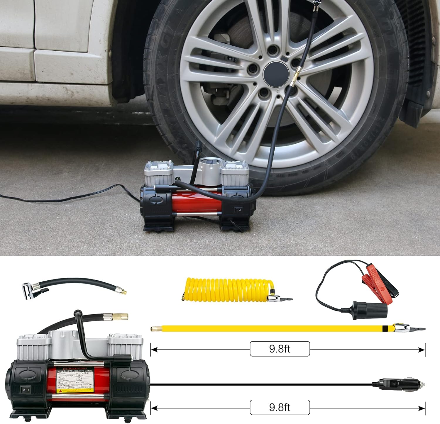 Griine Heavy duty twin cylinder tire inflator with carrying bag, metal 12V air compressor pump 150PSI, with adapter, suitable for SUVs/Trucks/Vans/RVs,red : Automotive