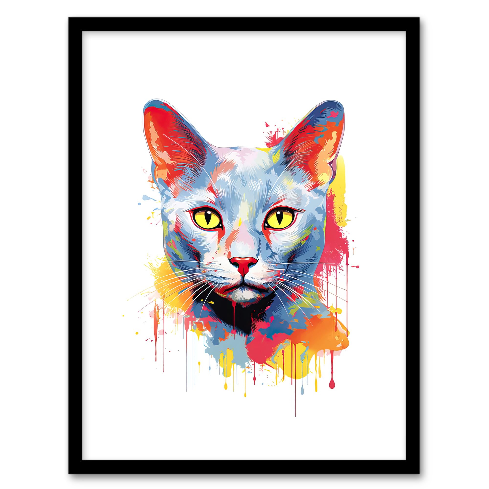 Artery8 Russian Blue Cat Lover Gift Pet Portrait Orange Blue Yellow Artwork Painting Artwork Framed Wall Art Print A4