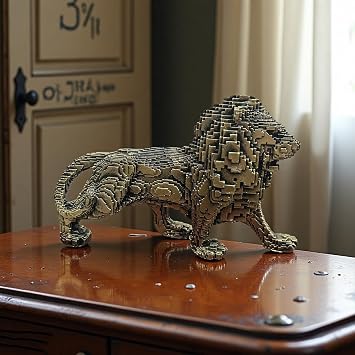 3D Geometric Lion Sculpture, 9.8 x 6.1 x 3.1 inches, Decorative Art Statue, Bronze Bronze-Colored