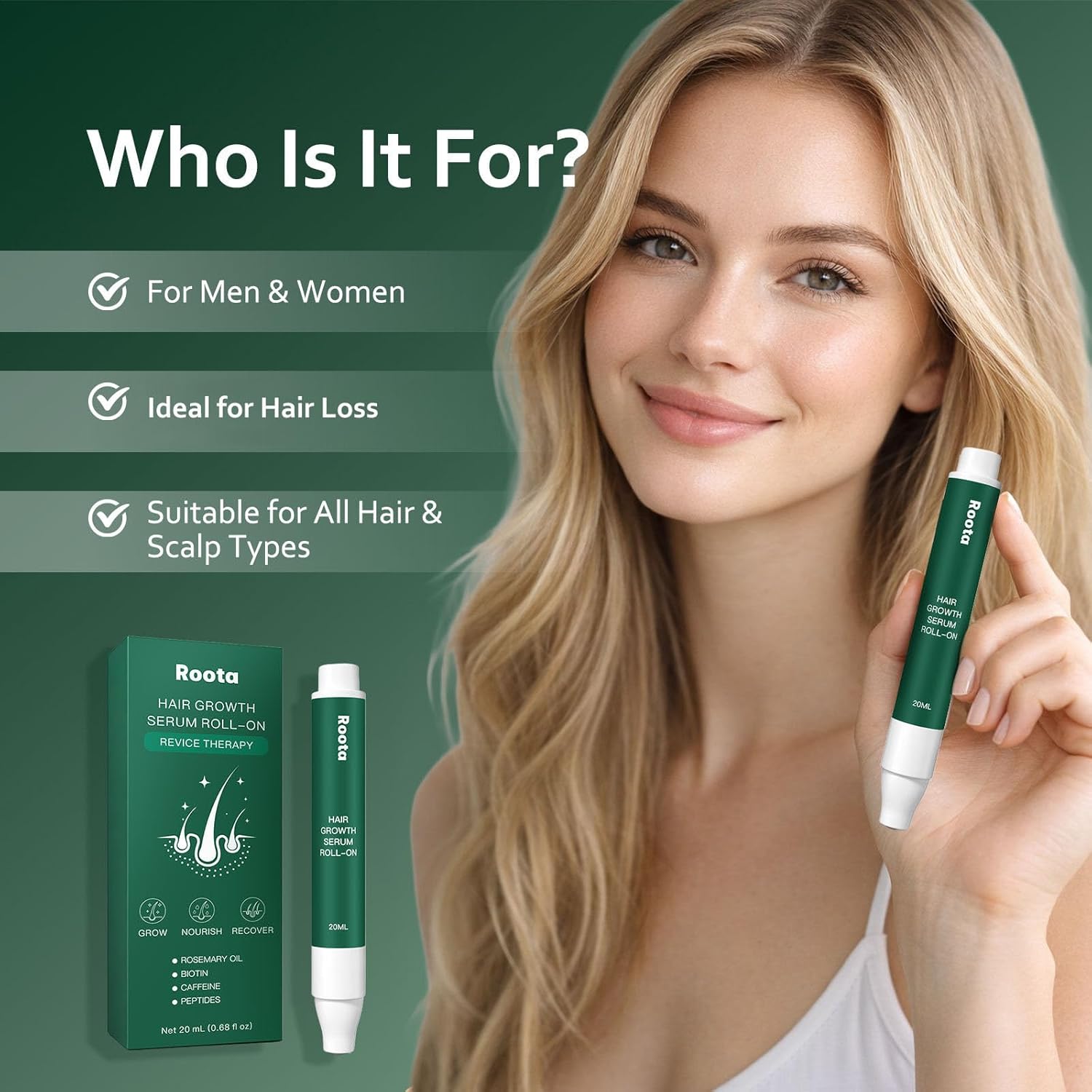 Roota Hair Growth Serum Roll-On, Roota Hair Revival Serum, Nourishes Scalp for Thicker, Healthy Hair, 25ml