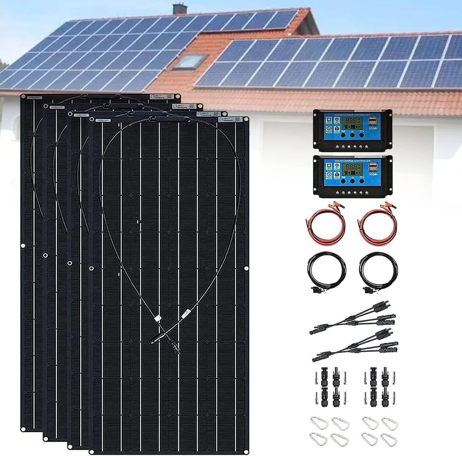 KEuLen Pannello solare monocristallino pannello solare 4pcs 300 W kit pannello solare con controller (40A) e cavo modulo fotovoltaico per ricarica batteria 12V-24V per casa