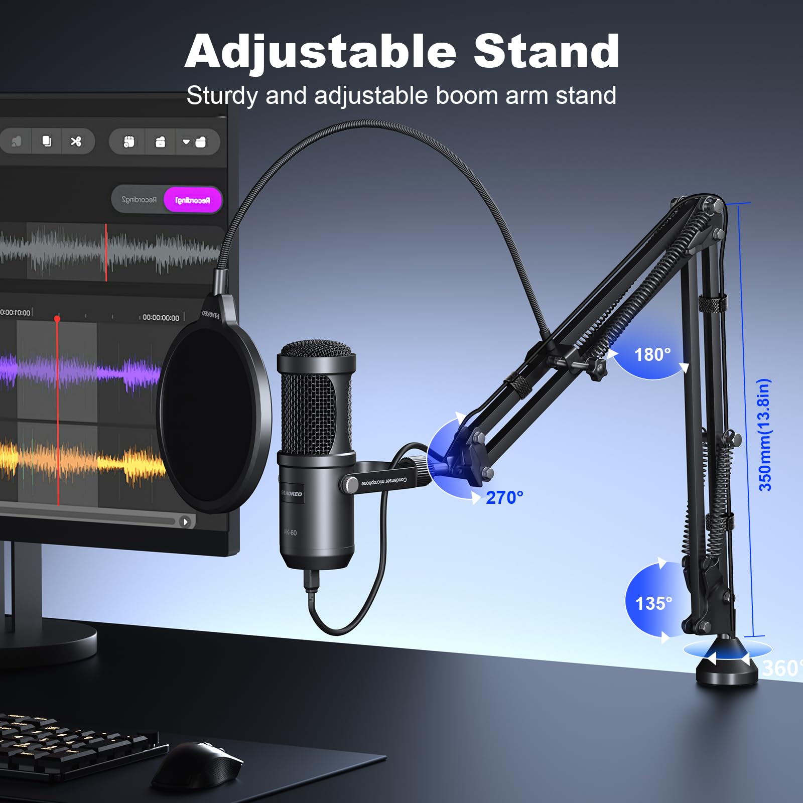 aokeo Microfono USB, 192 kHz/24 bit, set di microfoni per podcast con supporto per microfono, parabrezza, filtro pop, per radio, registrazione, YouTube, podcast