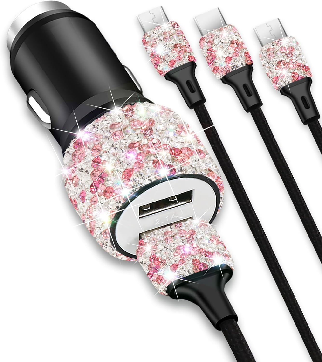 Bling USB Car Charger 5V 2.4A White Crystal Decor Dual Port Fast Adapter with 4ft Nylon Type C Micro USB 3 in 1 Multi Charging Cable for iPhone iPad Android, Auto Interior Accessories for Women