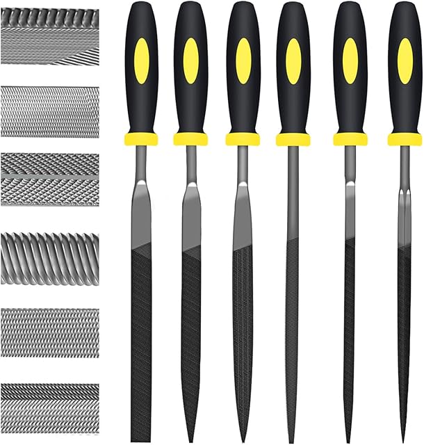 KALIM 6Pcs File Set, 6.3in Needle Files, 4mm Diameter Carbon Steel File Kit with Handle, Suitable for Metal, Wood, Glass, Plastic, Leather, Jewelry