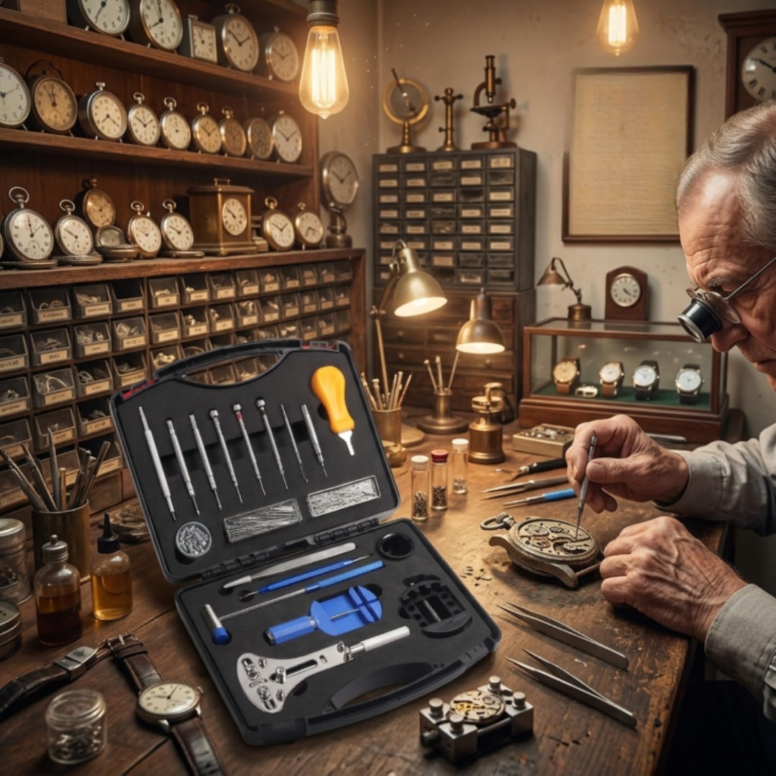 Kit Riparazione Orologi Set Attrezzi Utensili Strumenti Cassa Apricasse con Estrattore Maglie Cacciaviti Strumento Molle Pinzette Alloggiamenti