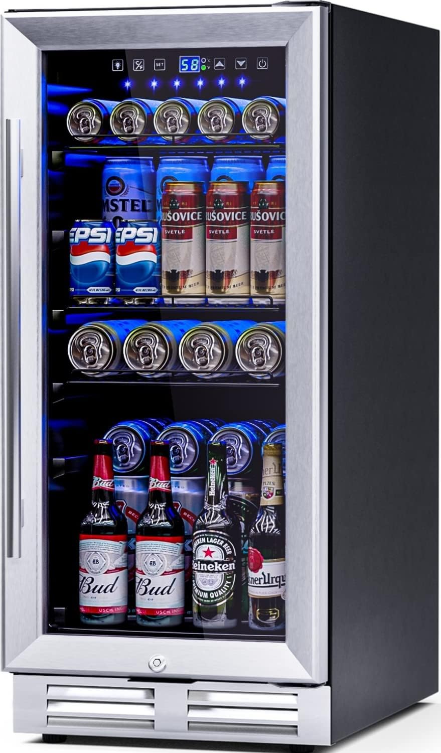 ARLIME 15" Beverage Cooler Refrigerator, 100 Can Built-in or Freestanding Mini Fridge w/LED Lights, Adjustable Shelves And Bottom Key Lock for Soda Beer Wine, Compact Drink Fridge for Home Bar Office