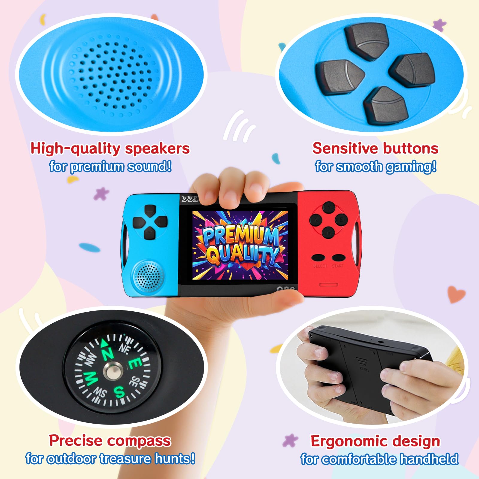 Handheld Retro Game Console for Kids Ages 4-12, Preloaded 216 Classic Mini Games, 3.5″ Large Screen, Rechargeable, Portable Arcade Video Game Gift for Boys Girls (Blue+Red) — view 3