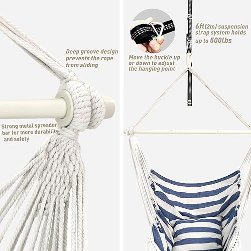 Miniatura 5 de Chihee Silla de hamaca colgante columpio reposapiés cojines correa de suspensión Mosquetón incluido, barra separadora de metal plegable para mayor