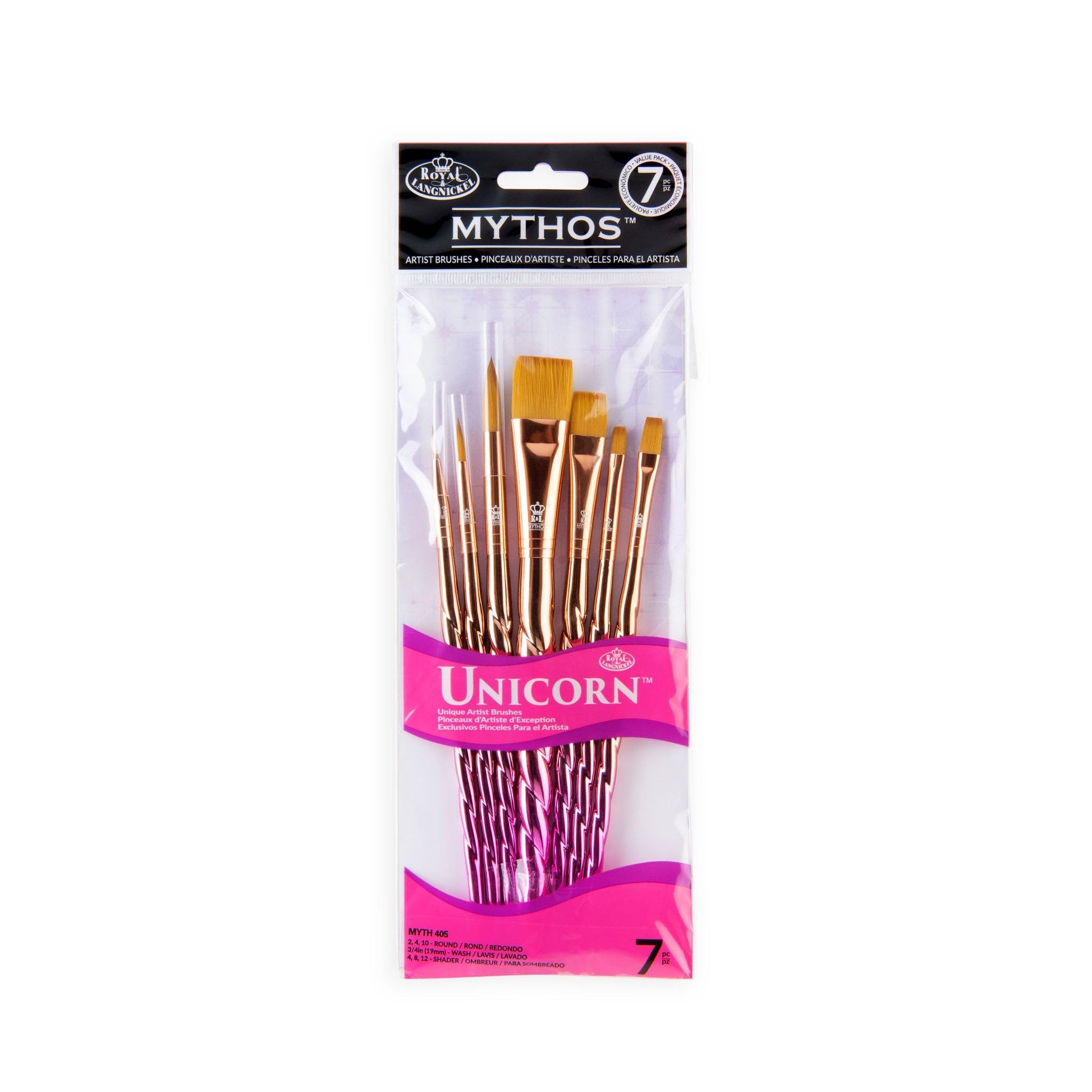Royal & Langnickel Mythos, 7pc Unicorn Variety Craft Brush Set for All Painting Mediums, Includes - Shader, Wash & Round Brushes