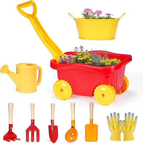 Juego de herramientas de jardinería para niños, 9 piezas, juego de carretilla para niños pequeños con maceta de bricolaje, regadera, pala,