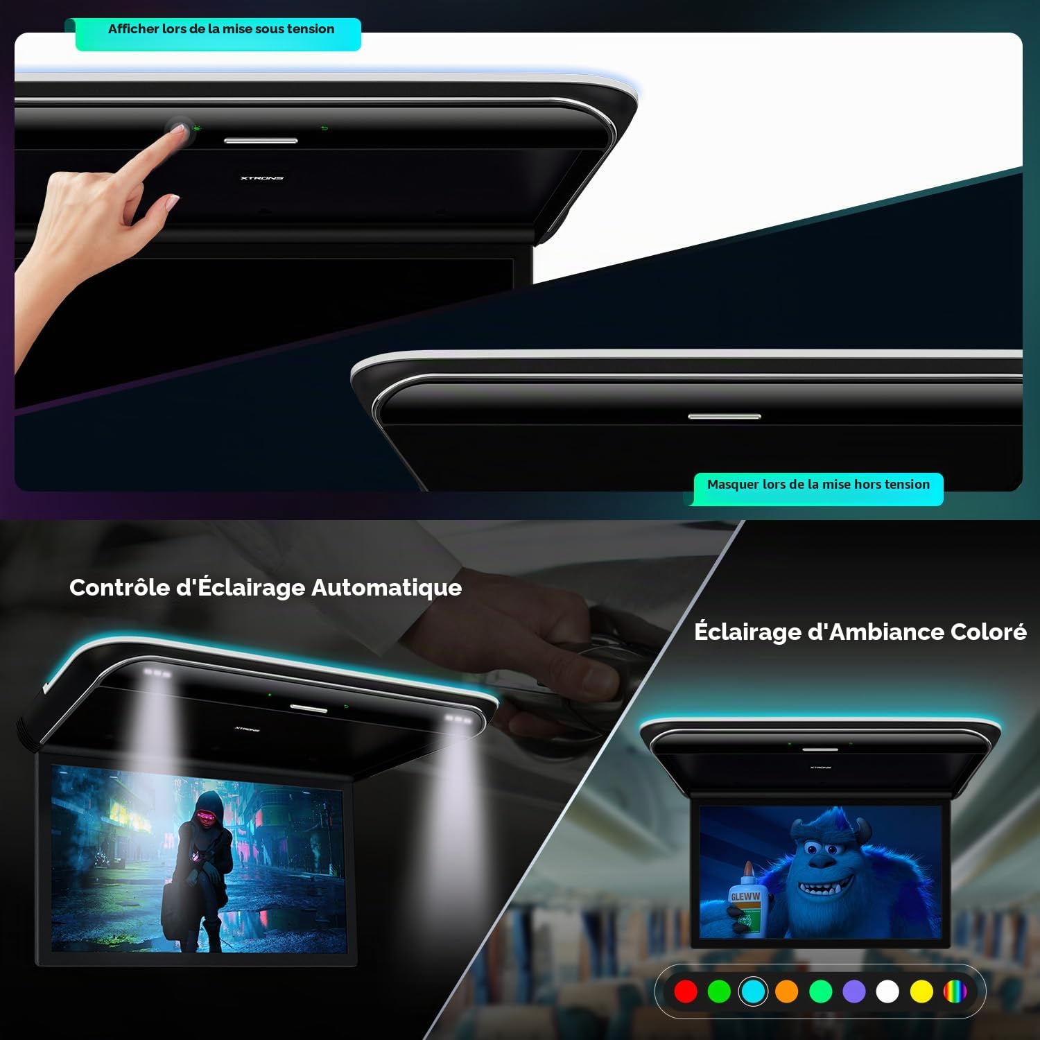 XTRONS Lecteur de plafonnier de voiture Android de 19,5 pouces, à huit cœurs, moniteur de montage au plafond de voiture, écran IPS large, vidéo 8K, haut-parleurs stéréo intégrés, support pour moniteur